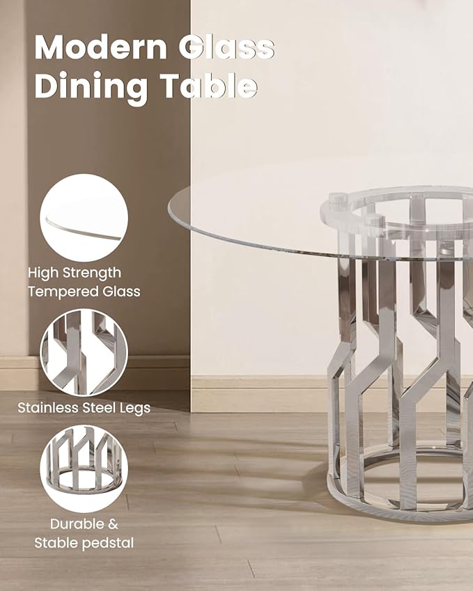 47.2" Round Glass Dining Table Set for 6, Modern 7 Piece Kitchen Table Set with Silver Stainless Steel Base & 6 PU Leather Accent Chairs, Saving Space, Dining Set for Apartment, Home - White Chair
