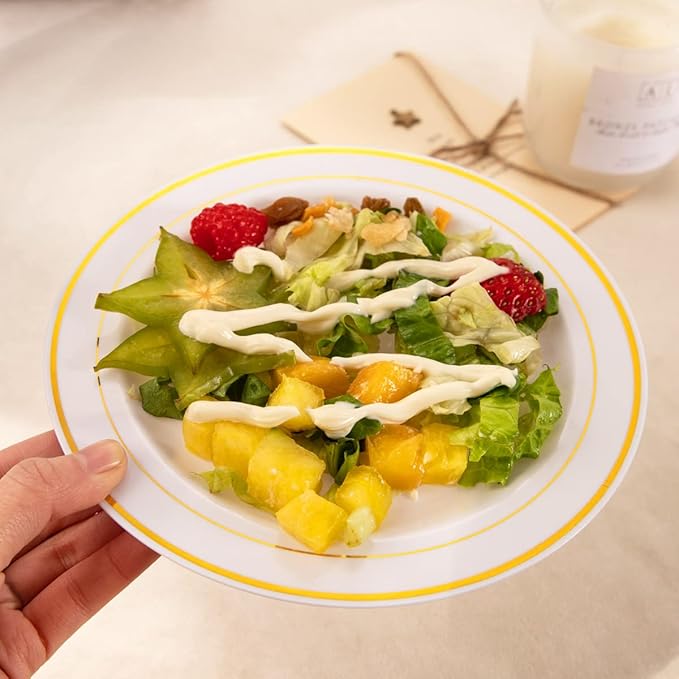 bUCLA 100Pieces Gold Plastic Plates -7.5inch White and Gold Disposable Salad/Dessert Plates - Ideal for Weddings, Party & Thanksgiving