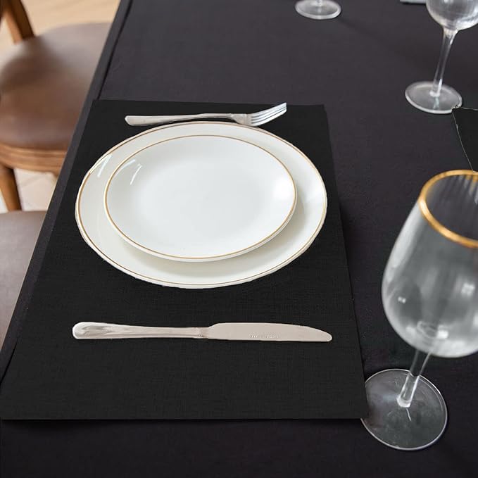 Cloth Placemats Set of 8, Linen Type Fabric Placemats Machine Washable Heat Resistant Placemats Wrinkle Free Thick Polyester Kitchen Place Mats for Dining Table (Black)