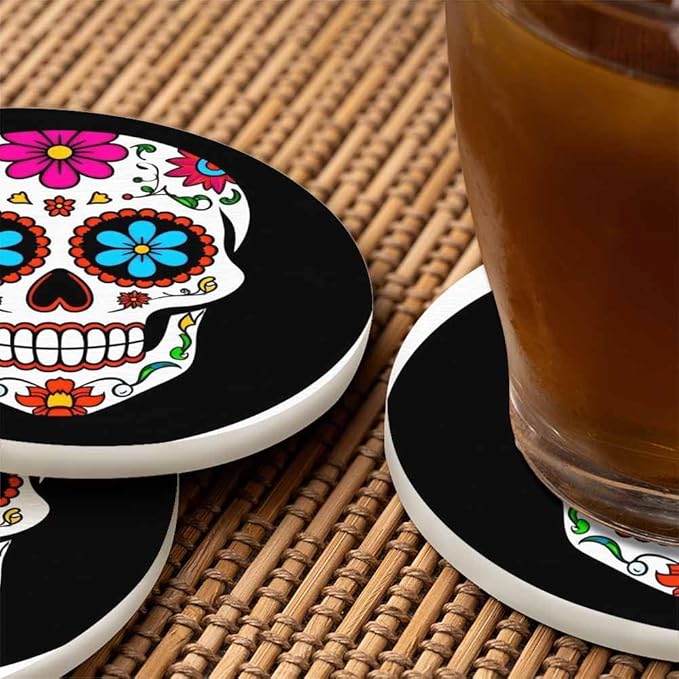 Sugar Skull Round Coaster for Home Coffee Table Human Head Mexican Spooky Skeleton Horror Bone Death Farmhouse Drink Coasters 100% Diatomite 4''X 4''X 0.35'' Printed Pattern