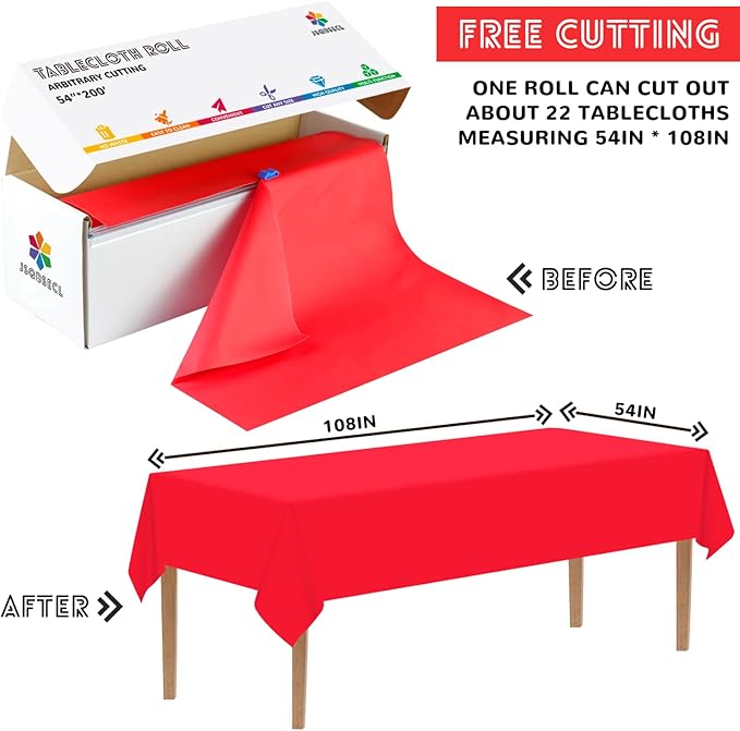 54 Inch X 200 Feet Plastic Table Cover Roll with Convenient Slide Cutter, Disposable Plastic Table Cloth Roll with Cut-to-Size Design for Weddings, Banquets, Parties (Red)