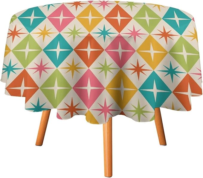 Abstract Geometric Round Tablecloth, Mid Century Retro Abstract Vintage Tablecloth for Home Party Dining Room Kitchen Decor 60Inch(152cm)