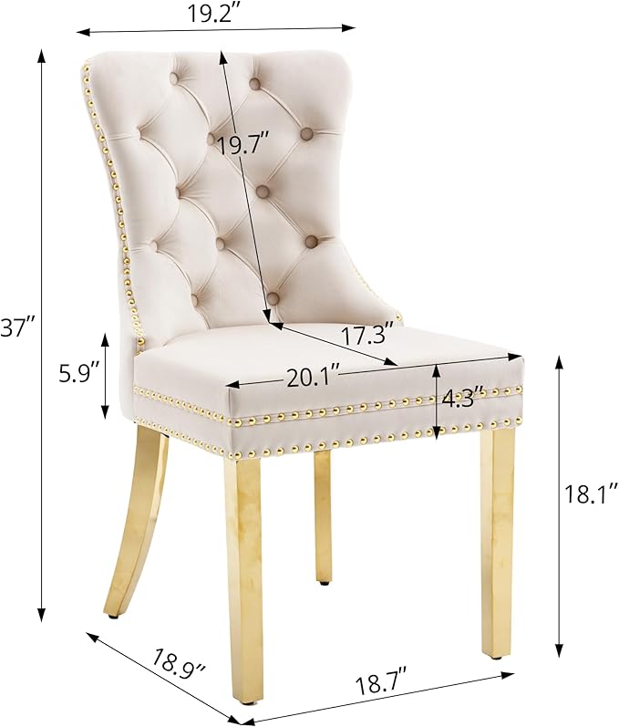 KCC Velvet Dining Chairs Set of 6, Upholstered High-end Tufted Dining Chair with Nailhead Back Ring Pull Trim Stainless Steel Legs, Contemporary Nikki Collection Modern Style for Kitchen, Beige