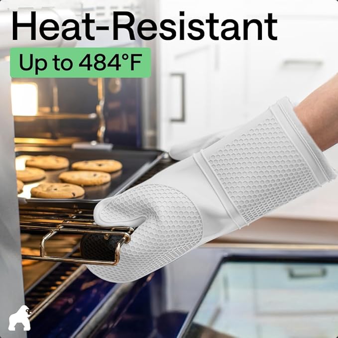 GORILLA GRIP BPA-Free Soft Silicone Oven Mitts, 14.5x8.3, Heat Resistant and Waterproof Cooking Gloves, Thick Cotton Lining, Flexible Gripping for Baking Grilling, Kitchen Potholders Set of 2, White