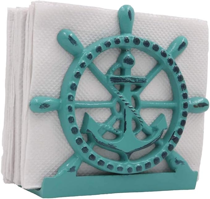 THDC Nautical Napkin Holder, Lunch, Dinner, Nautical Collection Napkin Holder, Made of Metal (Anchor Distressed Green)