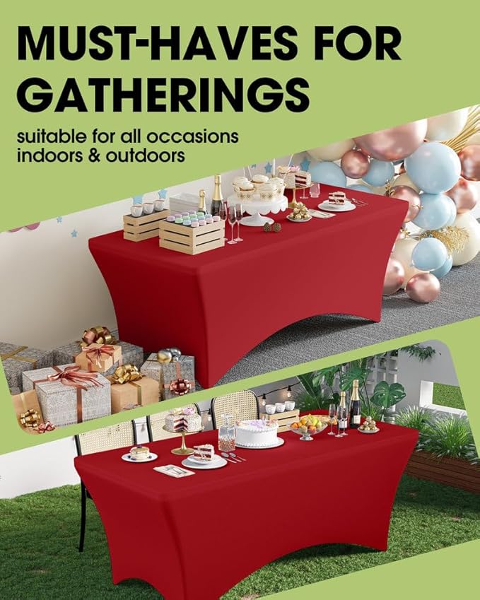 Pureegg Spandex Tablecloth 6ft - 2 Pack, Fitted and Tight Cloth for Rectangle Table, Wrinkle-Free and Stretch Table Cover for Party, Wedding, Banquet and Birthday, Red