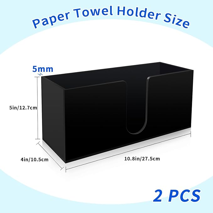 Paper Towel Holder for Countertop, Black Acrylic Napkin Dispenser – Fits Multifold, C-Fold & Z-Fold Trifold Towels, Durable 5mm Thick for Bathroom, Kitchen, Restaurant & Toilet(2pcs)