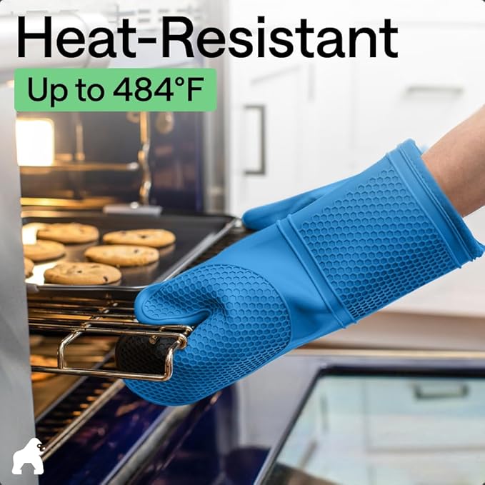 GORILLA GRIP BPA-Free Soft Silicone Oven Mitts, 14.5x8.3, Heat Resistant and Waterproof Cooking Gloves, Thick Cotton Lining, Flexible Gripping for Baking Grilling, Kitchen Potholders Set of 2, Aqua