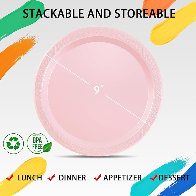 WELLIFE Pink Plastic Plates 9 Inch -150 Count for Party, Disposable Plastic Party Plates for Valentine's Day Easter Mother's Day Baby Shower Dinner Dessert Cake Light Pink