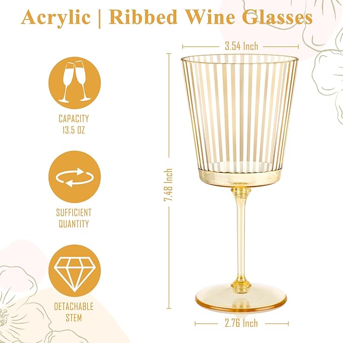 12 PCS Gold Ribbed Plastic Wine Glasses 13.5 OZ Ribbed Wine Glasses Detachable Wine Glass Elegant Fluted Glassware Vintage Style for Wedding Anniversary Birthday Dinner Parties