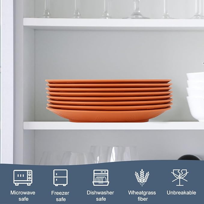 Homienly Flat Dinner Plates Set of 8 Alternative for Plastic Plates Microwave and Dishwasher Safe Wheat Straw Plates for Kitchen Unbreakable Kids Plates(Orange, 10 inch)
