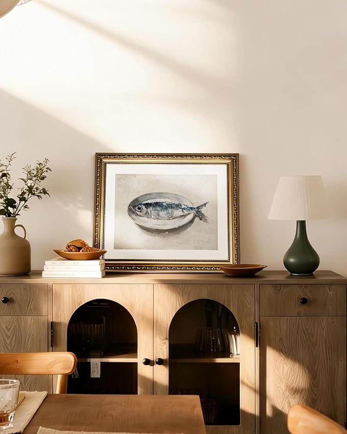 InSimSea Gold Framed Wall Art, Kitchen Dining Room Vintage Sardine on the Plate Wall Decor, Still Life Canvas Print Art, Home Farmhouse Decor, Antique Paintings with Picture Frame 13x16inch