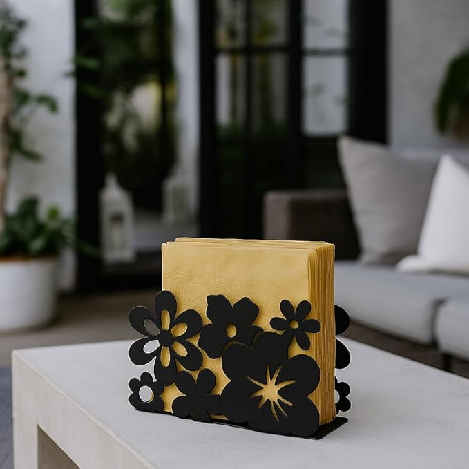 Mango Steam Tabletop Napkin/Tissue & Letter Holder For Home, Kitchen, Restaurants (Flower, Black)