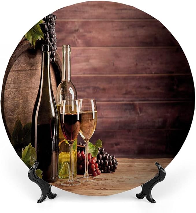 Decorative Plates, Wine Print Ornament, Rustic Viticulture Concept, 6 Inch, 1 Plate with 1 Display Stand, Brown Green Light Brown