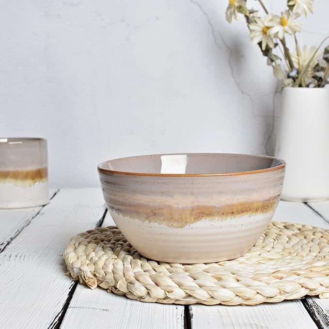 Bosmarlin Ceramic Cereal Bowl Set of 4, 26 Oz, Soup Bowl for Oatmeal, Salad, Dishwasher and Microwave Safe, Reactive Glaze (Brown, 6 in)