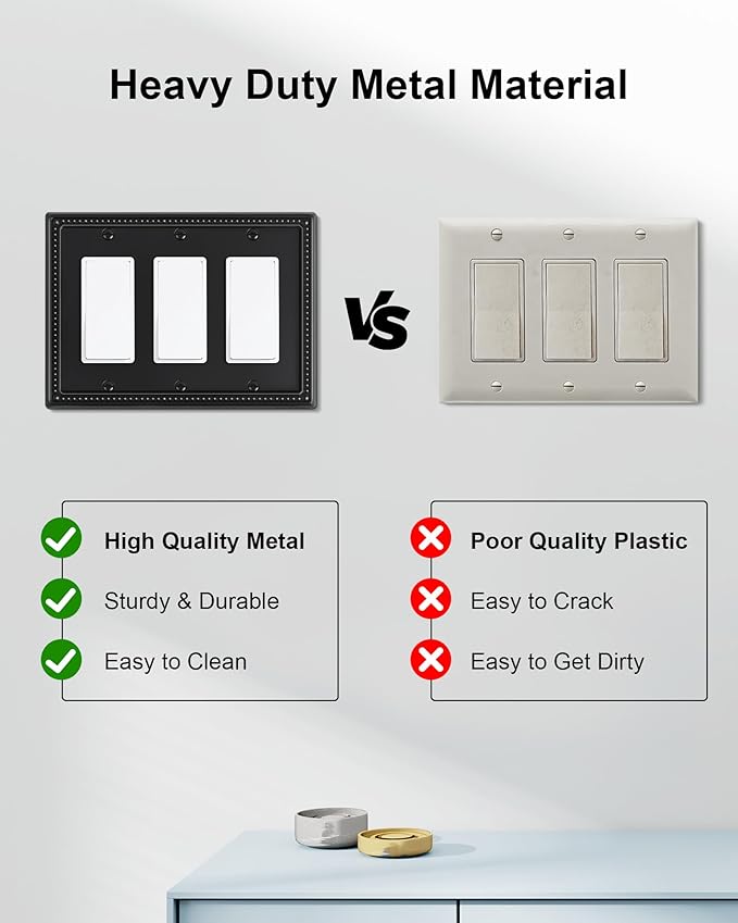 2-Pack Triple Decorator Outlet Cover Plate, Black Pearls Decorative Switch Plates and Outlet Covers, Metal Wall Plates for Electrical Outlets, Receptacle, GFCI Outlet, Dimmer Switch