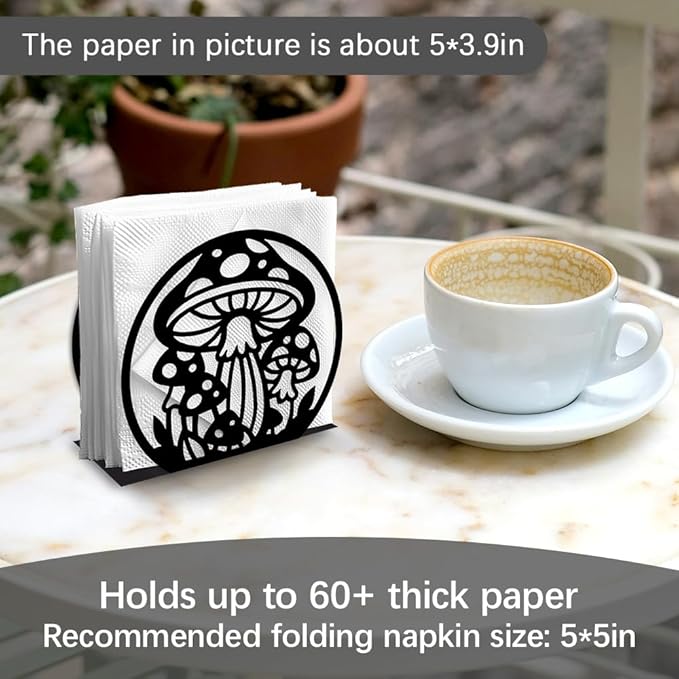 Mushroom Decorative Black Metal Napkin Holder for Table, 5.3" x 4.8" x 2" Mushroom Plant Standing Napkin Holder for Home Kitchen Restaurant Picnic Party Coffee Bar Dining Room