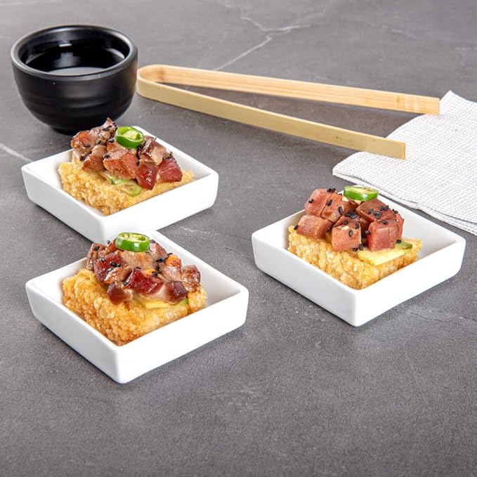 Restaurantware 2.5 Inch Mini Dishes 10 Oven-Safe Square Sauce Dishes - Microwave-Safe Serve Appetizers Desserts or Condiments White Porcelain Tasting Plates For Samples or Individual Portions