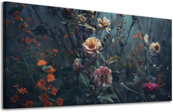 ADJUVANT Wall Art Impressionist Floral 60"L x 30"W, Dark Toned Blossoms With Lush Foliage Canvas Painting Enchanting Flowers Artwork Prints Floral Wall Decor for Living Room Bedroom Study Home Office