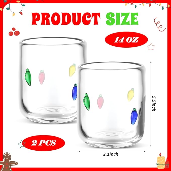 Icon Juice Glasses, 14oz Stemless Wine Drinking Juice Glass Cup for Valentine Party Supplies Gift(2 Pcs,Christmas Bulbs)