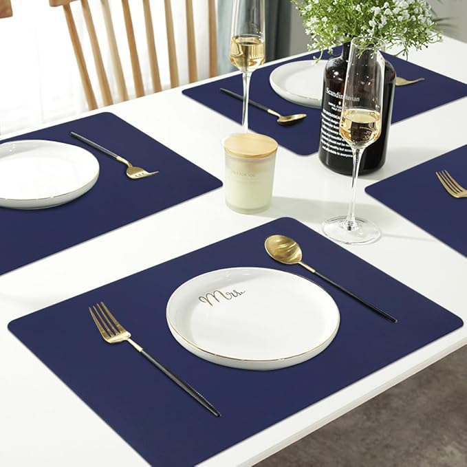 Faux Leather Placemats HeloHo Navy Blue Table Place Mats Set of 6 Waterproof Oilproof Heat Stain Resistant Washable Wipeable Placemat for Kitchen Dining Table Decoration Indoor Outdoor