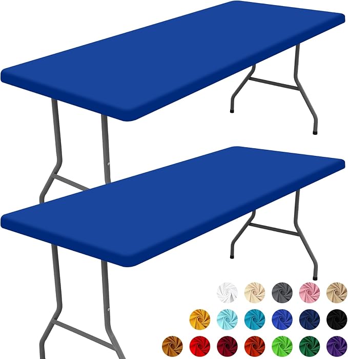 Spandex 8 Foot Rectangle Table Cloth 2 Pack, Elastic Fitted Tablecloths for Picnic, Stretch Washable Patio Table Cover for Outdoor, Camping, Banquet and Parties (Blue, 30"x96")