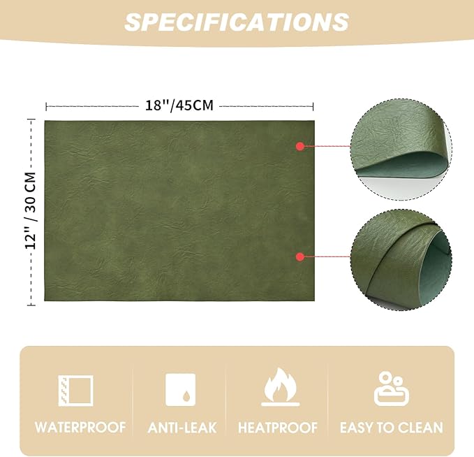Artoid Mode Olive Green Faux Leather Placemats Set of 4, 12x18 Inch Waterproof Wipeable Heat Resistant Vinyl Place Mats, Reversible Table Mats for Kitchen Dining Decor