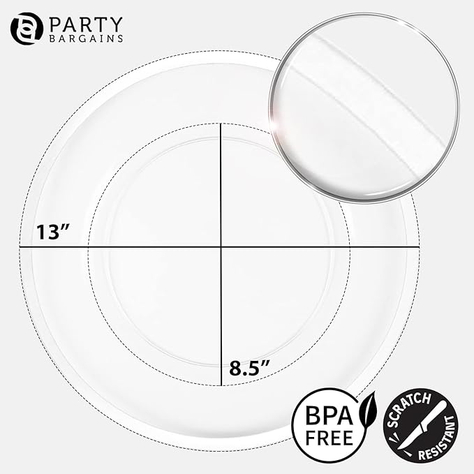 PARTY BARGAINS 13-Inch Charger Plates - 16 Pack, Clear White Rim, Heavy-Duty Disposable Chargers for Elegant Dining - Ideal for Weddings and Formal Events