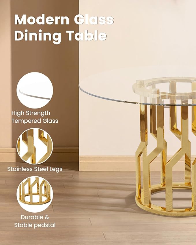 38.9" Round Glass Dining Table Set for 4, Modern 5 Piece Kitchen Table Set with Gold Stainless Steel Base & 4 PU Leather Accent Chairs, Saving Space, Dining Set for Apartment, Home - White Chair