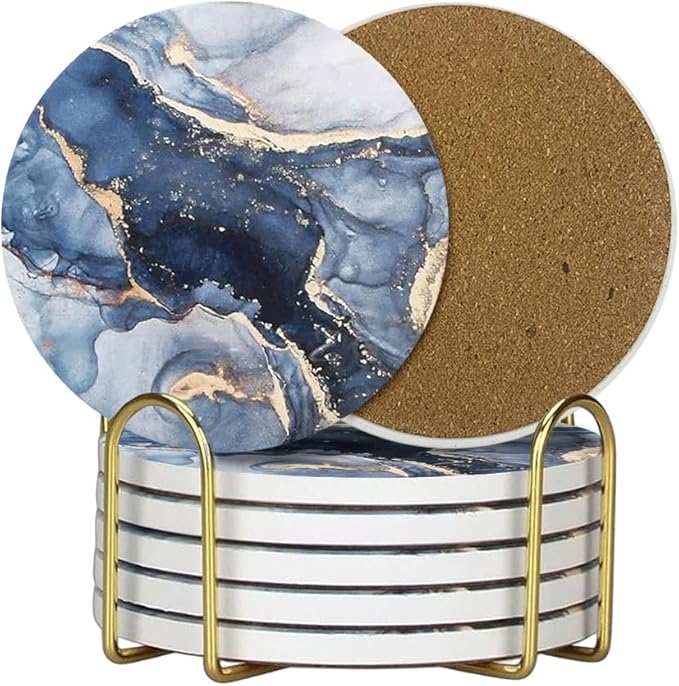 Ceramic Coasters Set of 6, Marble-Textured Design with Holder - Absorbent Cork-Backed Coasters for Cups, Bar & Coffee Table Decor Accessories (Dark Blue Marble, 6 Pack)