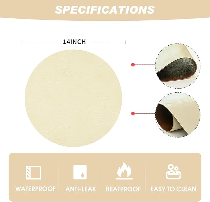 Artoid Mode Beige Faux Leather Placemats Set of 6, 15 Inch Waterproof Wipeable Heat Resistant Vinyl Place Mats, Reversible Table Mats for Kitchen Dining Decor
