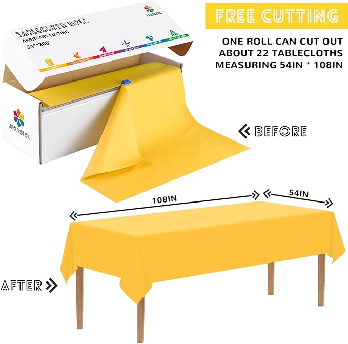 54 Inch X 200 Feet Plastic Table Cover Roll with Convenient Slide Cutter, Disposable Plastic Table Cloth Roll with Cut-to-Size Design for Weddings, Banquets, Parties (Yellow)