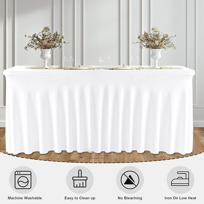 6FT White Rectangle Tablecloth with Elastic Table Skirt – Wrinkle-Free Spandex Stretch Fitted Table Cover for Wedding Birthday Party Banquet Buffet Restaurant Event