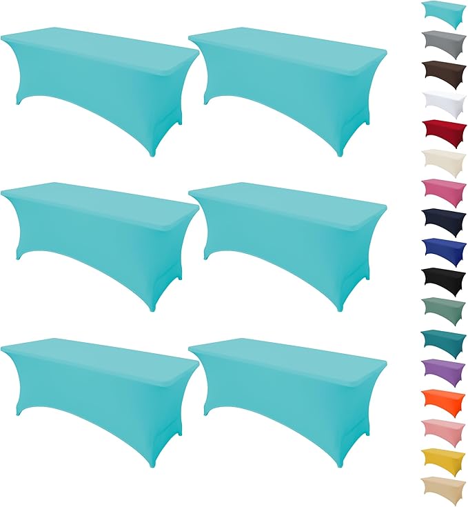 6Pack 8FT Table Cloth for Rectangular Fitted Events Stretch Sky Blue Table Covers Washable Spandex Tablecloth Protector for Party, Wedding, Cocktail, Banquet, Festival