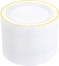 bUCLA 100Pieces Gold Plastic Dinner Plates - 10.25inch White and Gold Plates Disposable for Party - Ideal for Wedding, Party & Daily Use