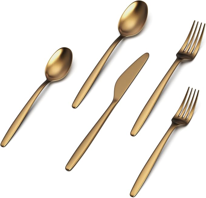 JazzUpCo Tia Flatware non toxic 18/10 stainless steel dishwasher safe (Matte Gold, 8 Person Set (40 Pieces))