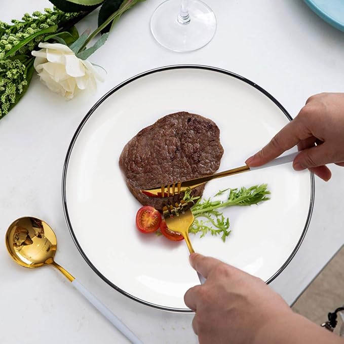 BonNoces 10 Inch Porcelain Dinner Plates, Elegant White with Black Edges Design, Classic Round Serving Plates Set for Steak, Pasta, and Salad, Set of 6