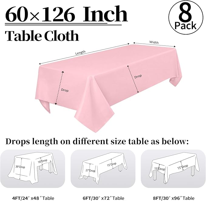 8 Pack Pink Tablecloth 60 x 126 Inch Rectangular Valentine’s Day Table Cloth for 8 Foot Rectangle Tables, Wrinkle Resistant Washable Fabric Polyester Table Covers for Wedding Party Banquet Buffet