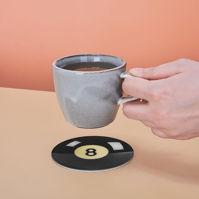 Black 8 Billiard Coasters for Drinks with Holder Round Leather Coasters Set of 6 Cups Mugs Mat Pad for Home Kitchen Bar