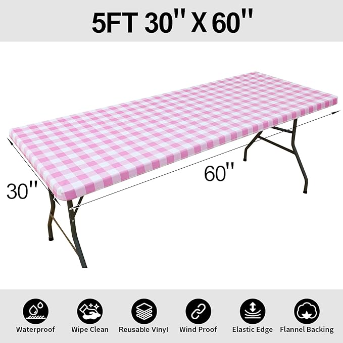 Smiry Rectangle Picnic Table Cloth, Elastic Waterproof Fitted Vinyl Tablecloths, Flannel Backed Buffalo Plaid Table Covers for Dining, Camping, Valentines (White and Pink, 30" x 60")