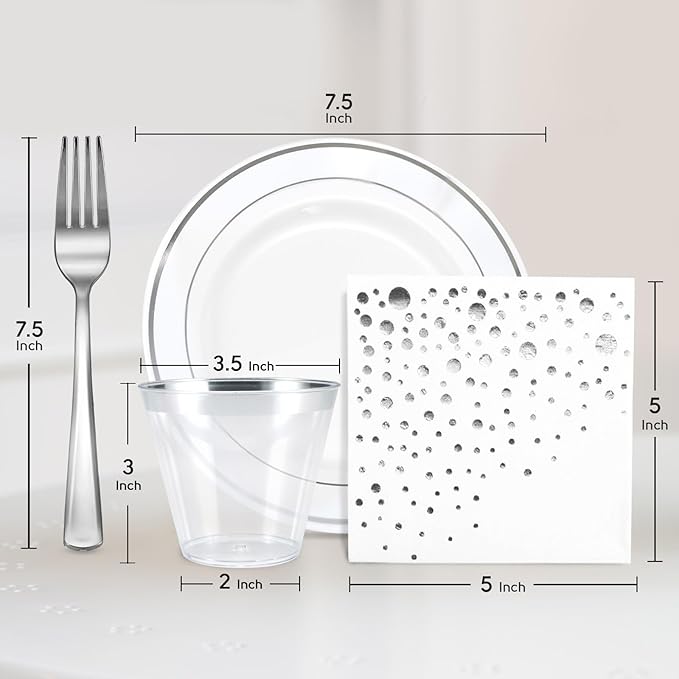 Stylish Disposable Party Set - 100 Cups, Forks, Napkins, 7.5 Inch Dessert Plates, Cake Plates, Appetizer Plates