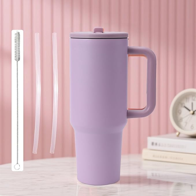 40oz simple design insulated water cup, 3 reusable straws and cleaning brushes | 304 stainless steel, long-term insulation and cold, no water leakage | 4 colors: pink/rose/purple/blue.
