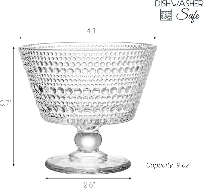 ZOOFOX 6 Pack Glass Ice Cream Bowl Set, 9 oz Footed Fruit Parfait Cups, Embossed Design Glass Dessert Bowls for Sundae, Ice Cream, Smoothie, Fruit, Salad, Yogurt, Cocktail, Snack