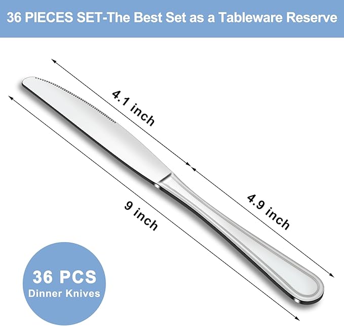 Dinner Knives Set of 36, 9” Butter Knives with Pretty Line Handle, Food Grade Stainless Steel Table Knife, Dishwasher Safe & Mirror Polished