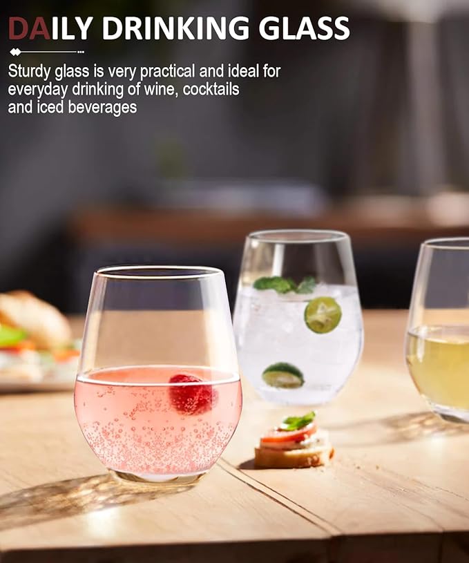 Stemless Wine Glasses Set of 4, Red White Wine Glasses, No Stem, Clear, 15oz, Premium Crystal Sturdy Drinking Glass for Daily Use, Birthday, Wedding, Home Party, Anniversary, Shower Gift