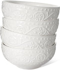 Artena Ceramic Cereal Bowls 26 oz, Embossment Soup Bowls Set of 4, White Salad Bowl for Kitchen, Dinner, Breakfast, Oatmeal, Rice, Pasta, Dishwasher Microwave Safe, 6 inch (Lianas)
