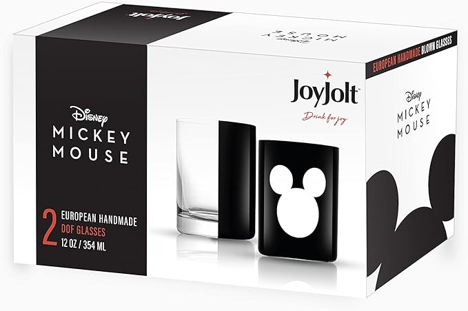 JoyJolt Disney Luxury Mickey Mouse Double Old Fashioned Whiskey Glasses. 2x European Crystal Bar Glasses. Premium Xmas Disney Stuff, Gifts and Cups. 12oz Black Drinking Glasses, Disney Tumbler