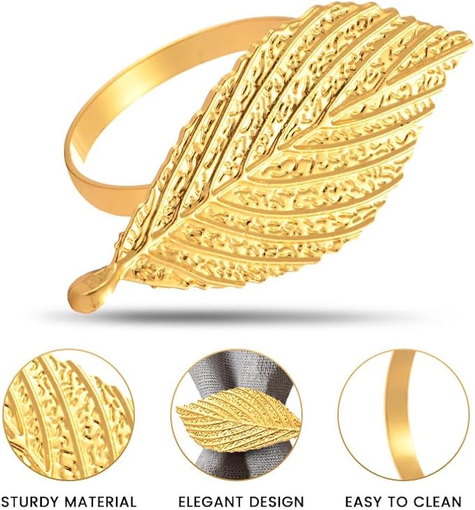 Decozen Set of 8 Gold Napkin Rings in Leaf Design, Festive, Table Decor Setting for Holiday, Wedding, Birthday, Kitchen, Home Decor, Housewarming Gift - Mothers Day Decorations