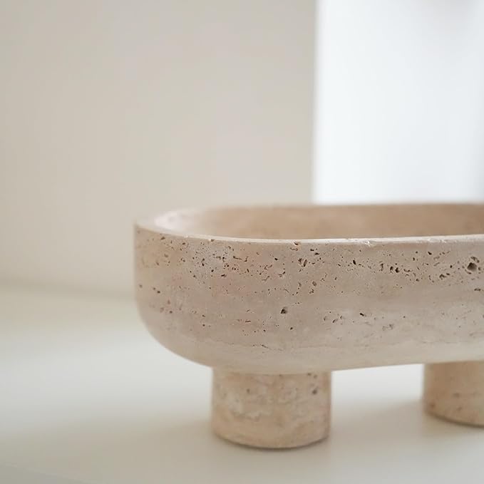 WILD WORKS Travertine Fruit Bowl, 10.2" Oval Beige Stone Serving Bowl for Kitchen Counter & Dining Table, Handcrafted Decorative Centerpiece with Non-Slip Feet for Home Decor