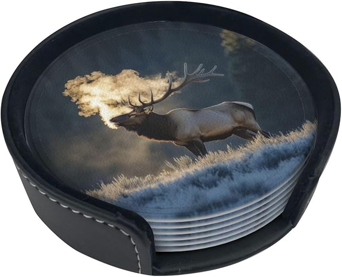 Majestic elk steam Printed Leather Coasters for Drinks, Set of 6 Drink Coaster Dining Room Decor Cup Coasters